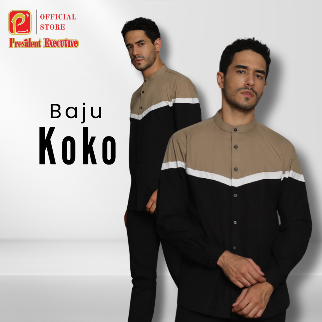 President Executive - Kemko Lengan Panjang Baju Koko Pria Dewasa Polos Garis Kombinasi Warna