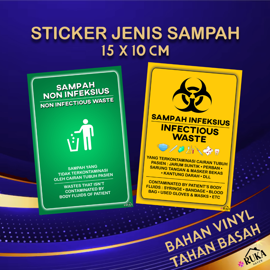 

❇️ Sticker Jenis Sampah Infeksius & Non 15 x 10 cm Stiker Infectious Waste Ruka Haven Bahan Vinyl Doff Tahan Basah Warna Kuning Hijau