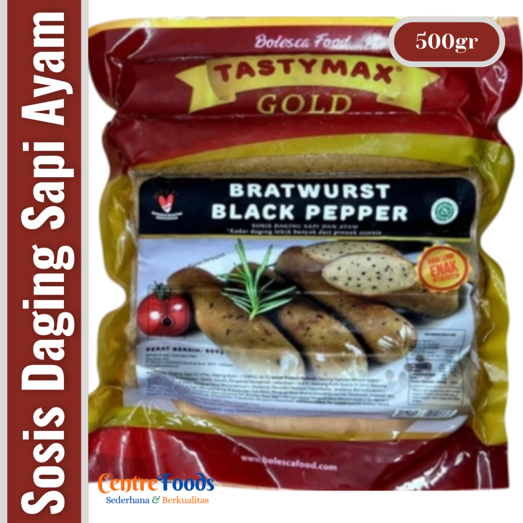 

Sosis Daging Sapi & Ayam - Bratwurst Black Pepper Tasty Max Gold | Isi 6 Pcs - 500gr [ Harga Per BKS ]