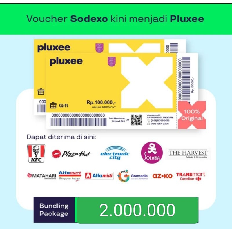 Voucher Sodexo Gift / Voucher Pluxee Gift.Bundling berisi 20 lembar voucher nominal Rp100.000 dengan