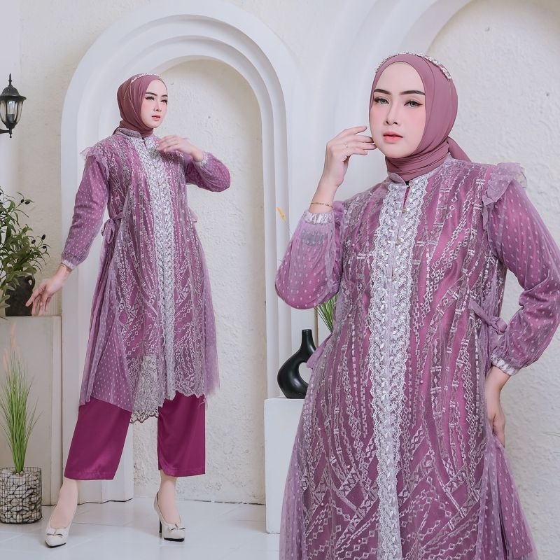 Jamila One Set 3in1 Tali Samping Baju Lebaran Kondangan Brokat Outer Inner Celana Pakaian Wanita Mus