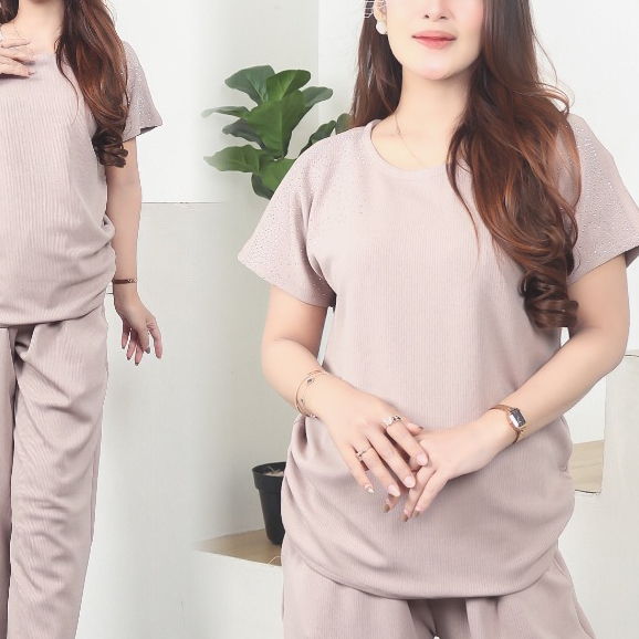 Al Arsy - Setelan Wanita Knit Premium - One Set Knit Rib - Baju Set Celana Warna Moca Outfit