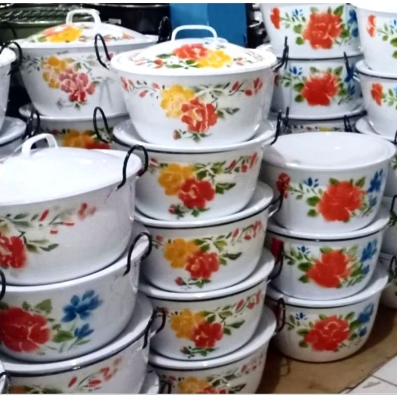 [®️ ASLI TEBAL ®️] Panci Enamel 40/36 besar Kembang/Blirik Deco HM lurik asli