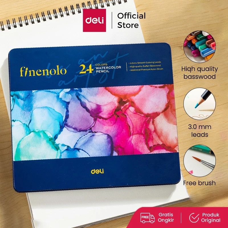 

Deli Finenolo Premium Watercolor Pencil / Pensil Warna High Grade 3.0mm Leads Gratis Kuas EC129