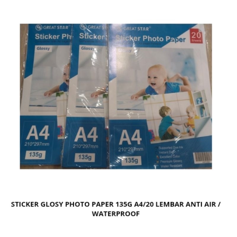 

Sticker Glosy Photo Paper 135G A4/20 Lembar Anti Air/ Waterproof
