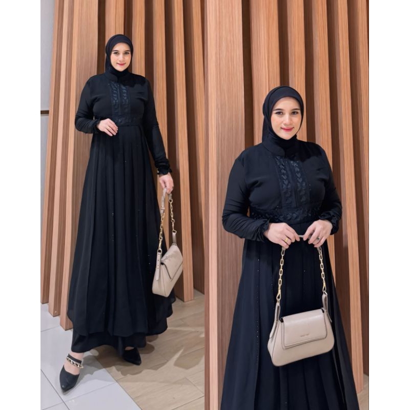 GAMIS ABAYA TURKEY BORDIR ASTER FULL HITAM SIMPLE