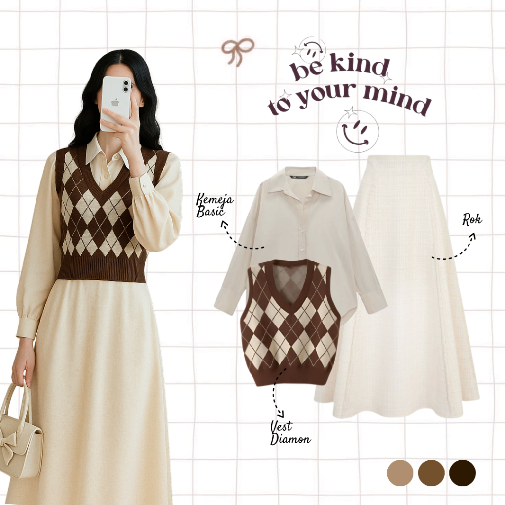 One Set Diabrow ( Vest Kotak, Kemeja Basic, Rok Hyget) Korean Style Outfit Coklat MSO08
