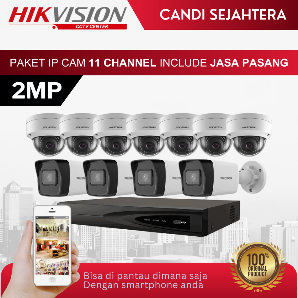 PAKET CCTV IP CAM HIKVISION 2MP 11 KAMERA + INSTALASI & ONLINE DI HP