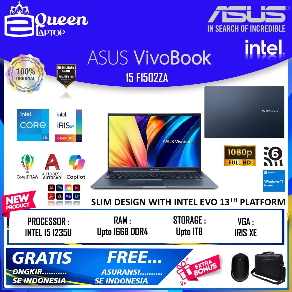Laptop Asus Vivobook 15 F1502ZA INTEL CORE I5 1235U RAM 16GB 1TB SSD FHD WIN 11 HOME ORIGINAL