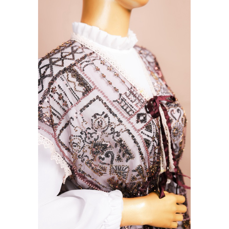 vest burgundy brokat payet + gamis putih with full furing