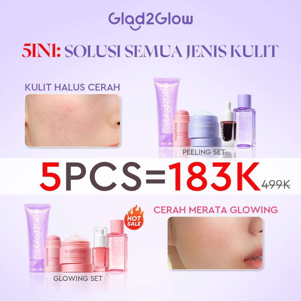 [5in1]Glad2Glow 5in1 - 5pcs Paket Skincare Moisturizer Serum Clay Mask Facial Wash Toner Glowing Bar