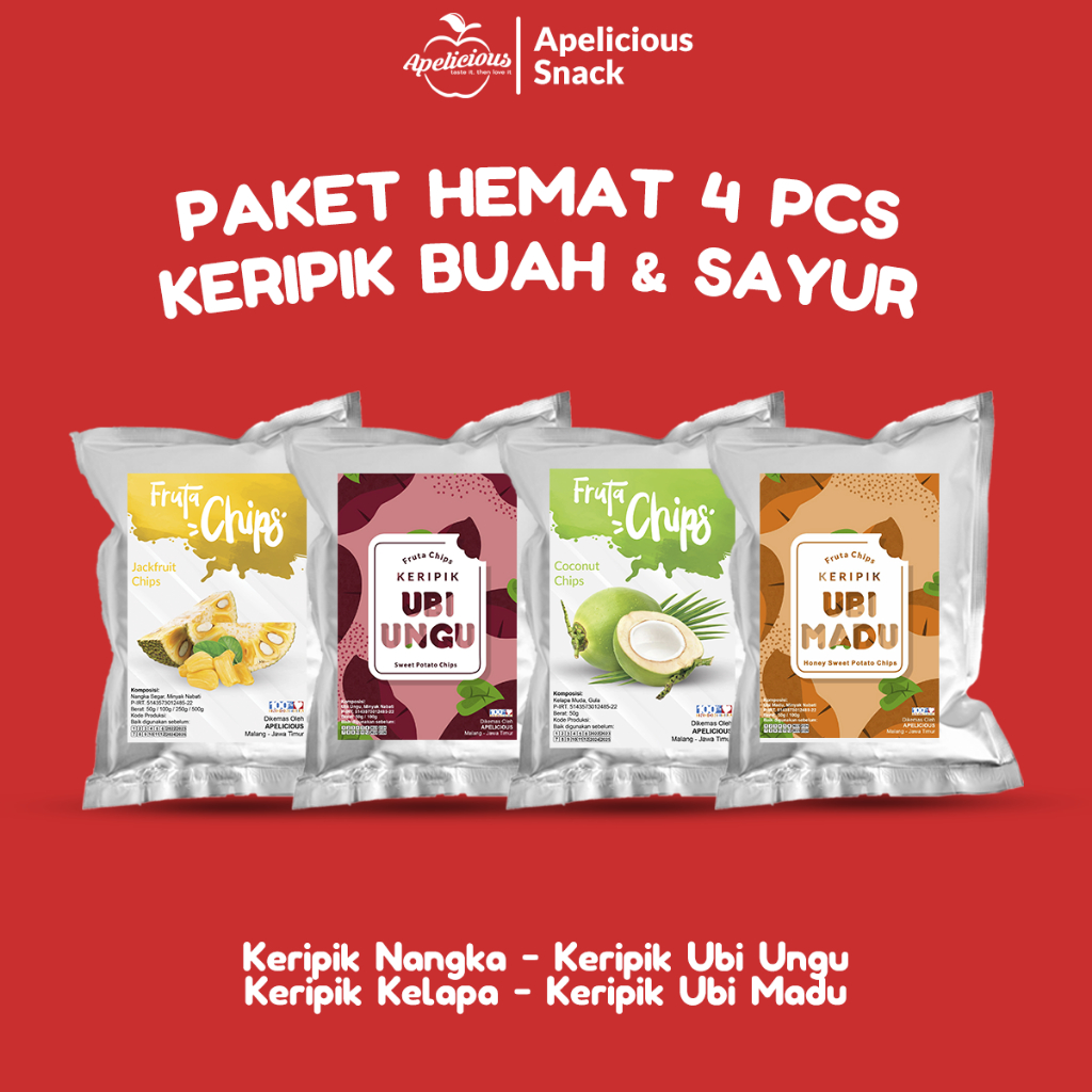 

APELICIOUS Paket HEMAT Keripik 4pcs (NANGKA, UBI UNGU, KELAPA, UBI MADU), - Cemilan, Snack
