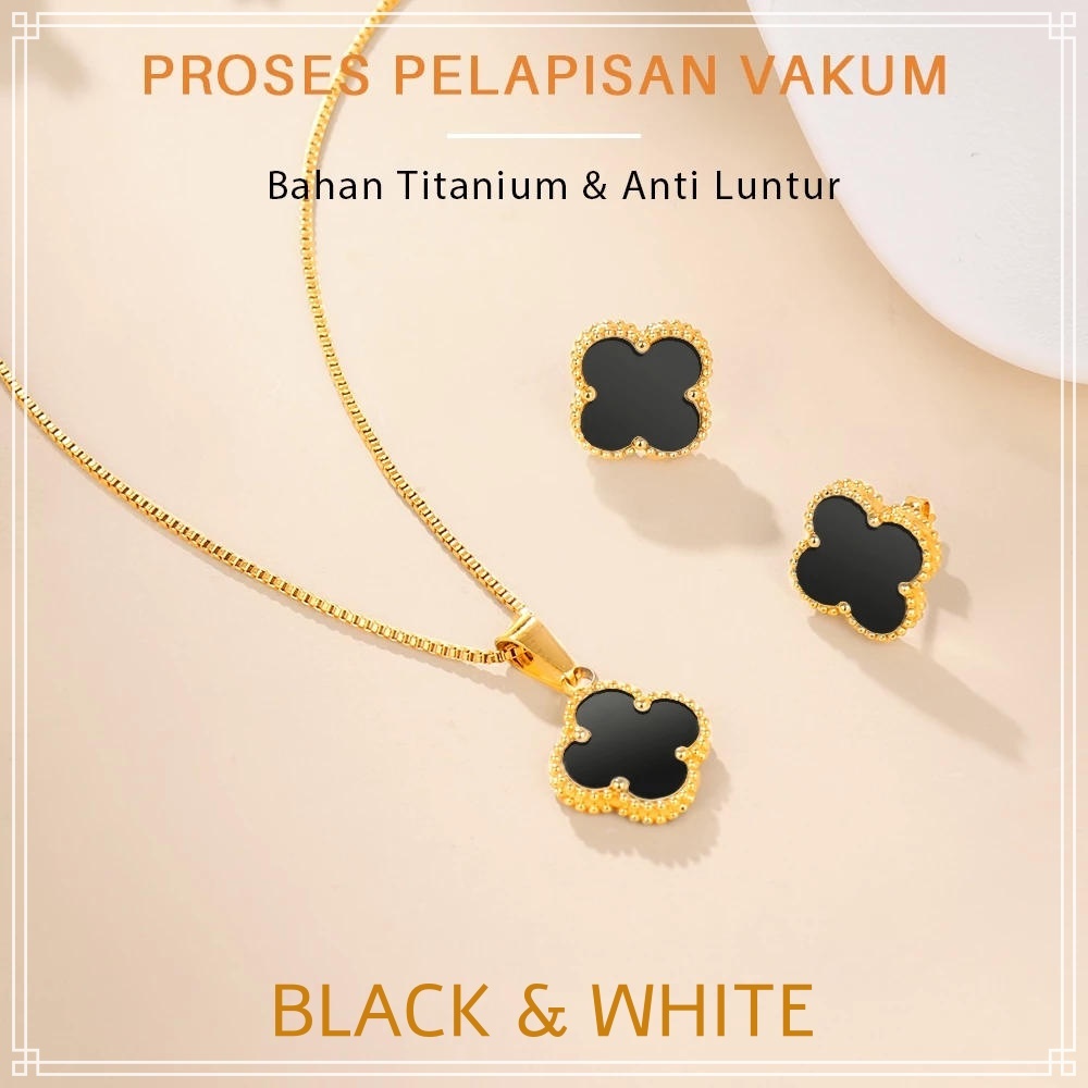 (ES) E824 Kalung Set Clover Titanium Wanita Anti Karat Asli / Kalung Titanium Wanita Anti Karat Asli