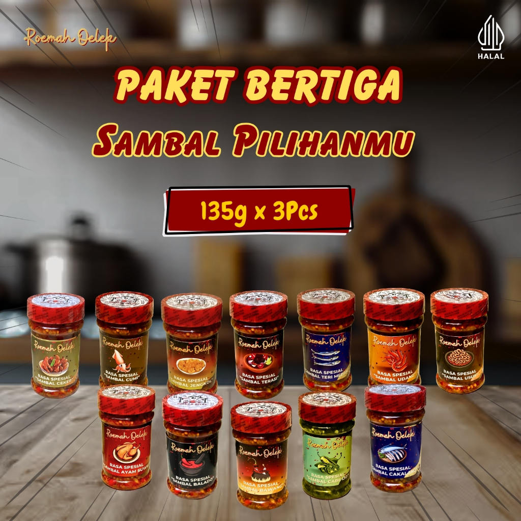 

[Paket Bertiga] Sambal Roemah Oelek 135g - Ayam Suwir/Balado/Bawang/Cabe Ijo/Cakalang/Ceker/Cumi/Jengkol/Mercon/Terasi/Teri/Udang/Usus