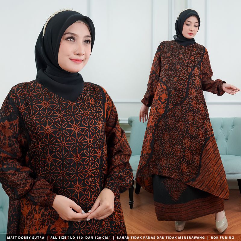 OUTFITKU - Batik Kondangan Wanita Modern Kekinian - Dress Batik One Set Elegan Baju Kondangan Muslim