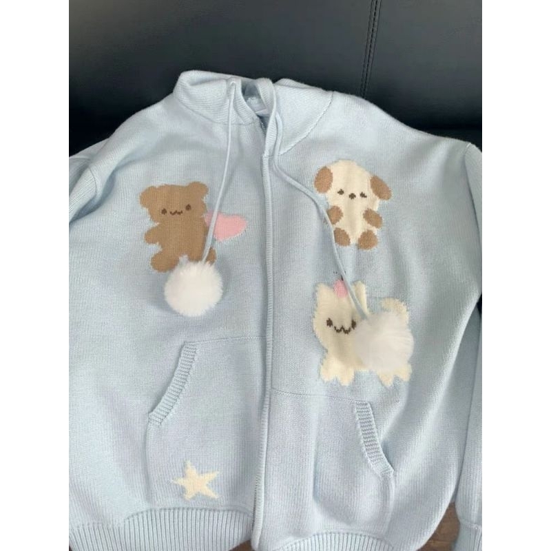 Milk blue cute little animal pattern sweater coat autumn and winter new small fresh sweet soft waxy 