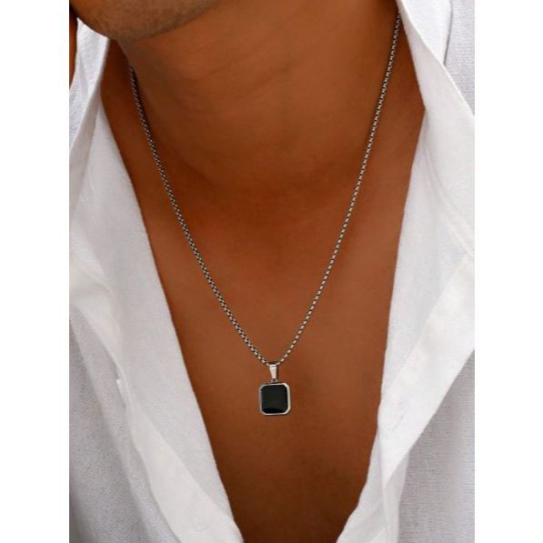 Kalung Rantai Rolo Liontin Batu Permata Onix Hitam /Kalung Pria/Kalung Liontin/kalung priaterbaru