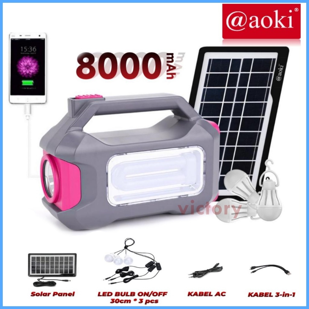 Solar Panel Lighting Mobile Power System 8000mAh Power Bank Multifungsi LED DC Aoki AK-1101