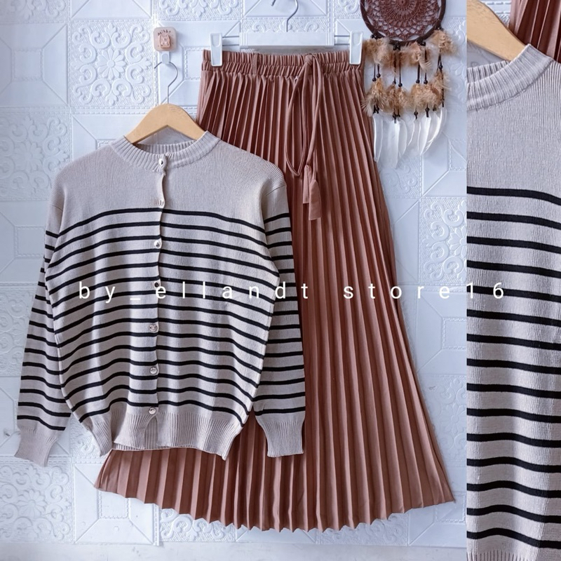 Setelan Wanita Dewasa Kardigan Rajut Salur Dan Rok Plisket