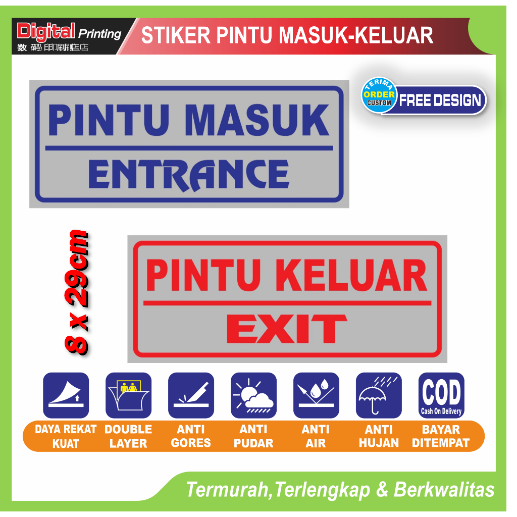 Stiker tulisan pintu masuk keluar entrance exit sticker petunjuk pintu kantor toko hotel dll