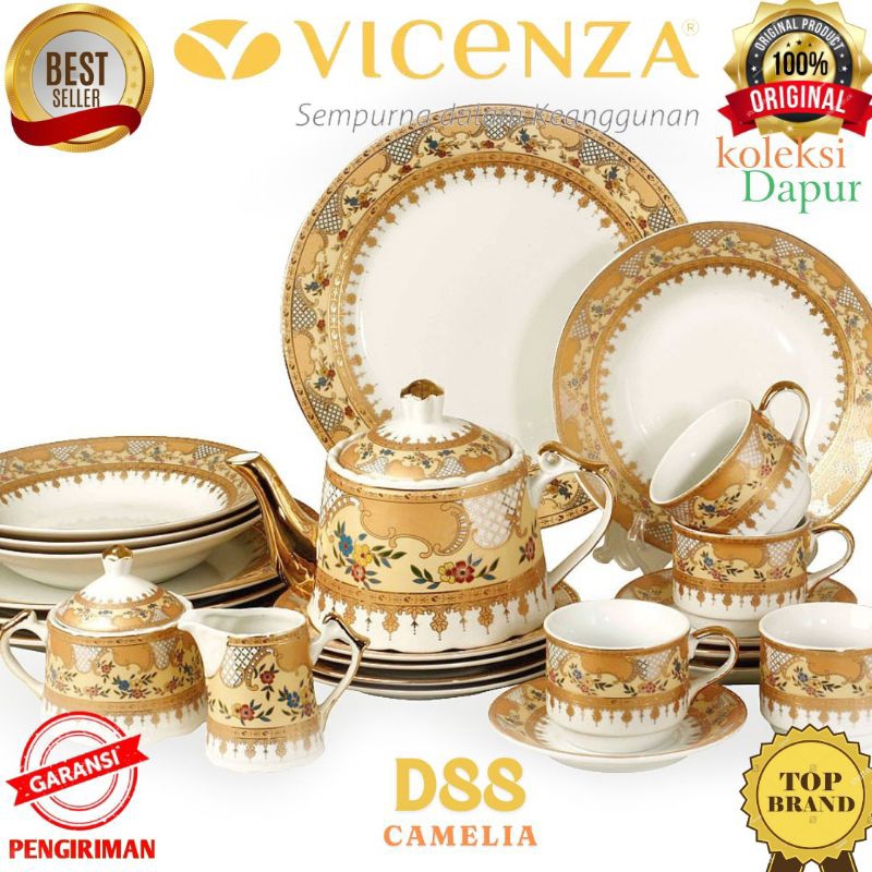 Perlengkapan alat Makan VICENZA D88 CAMELIA dinner set terdiri dari 3 size piring VICENZA, 4 piring 