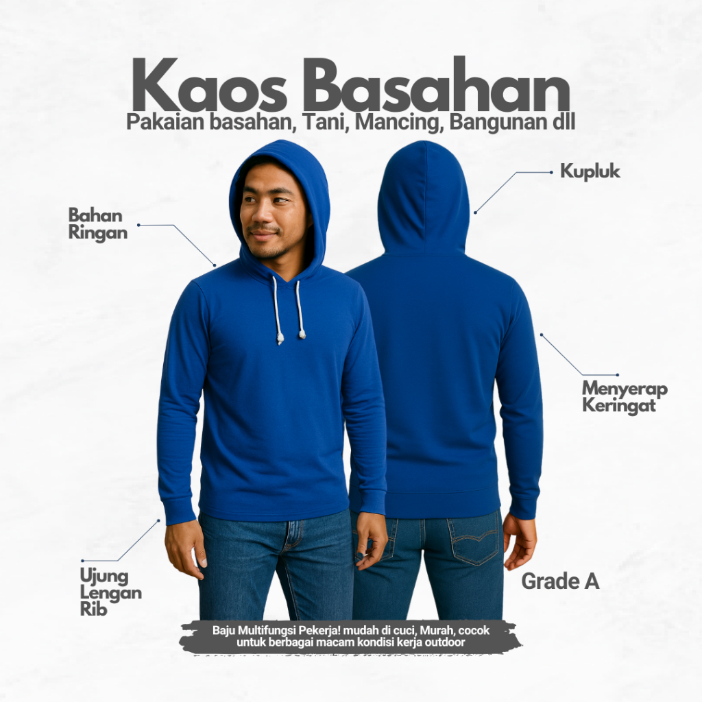 Kaos Kupluk Panjang/ Kaos Topi/ Kaos Panjang Topi/ Kaos Kupluk / Kaos Sawah/ Kaos Mancing bahan DK l