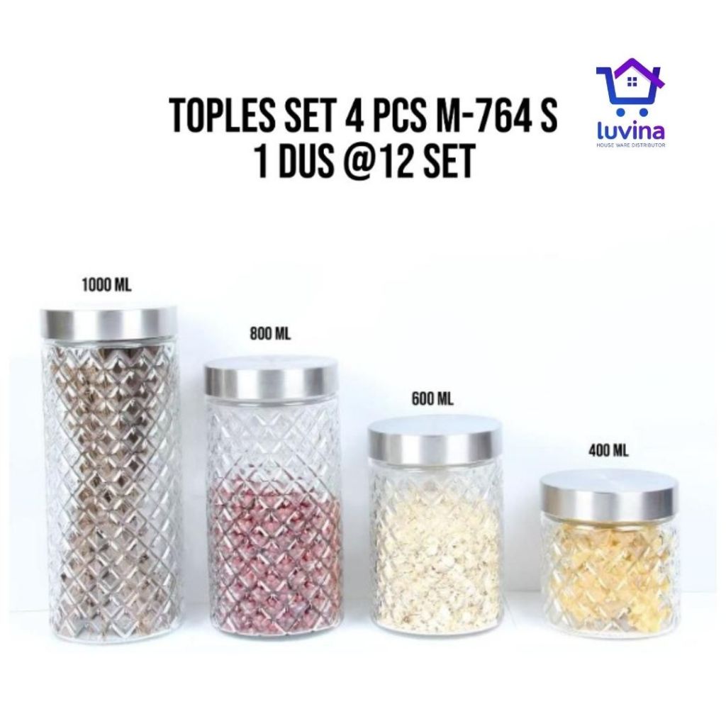 Toples Kaca - Toples Tebal Toples Penyimpanan Kue Kering Jajan Hari Raya 1 Set Isi 4