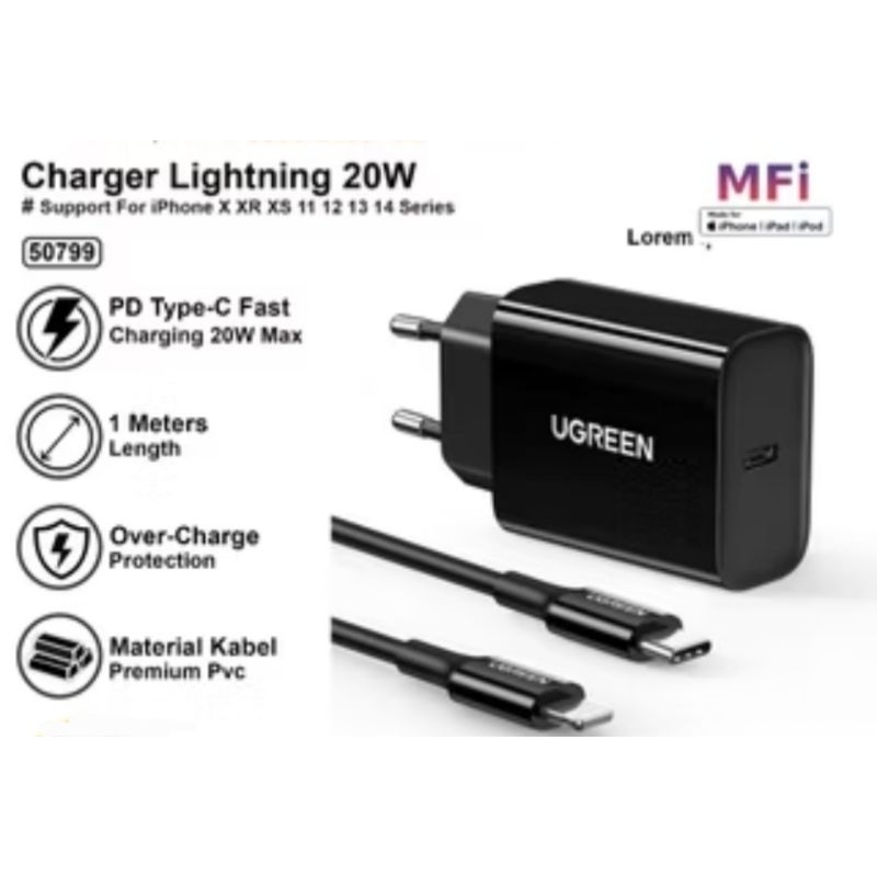 ugreen 50799 charger type c to lightning / charger ugreen type c to lightning 50799 / charger ugreen