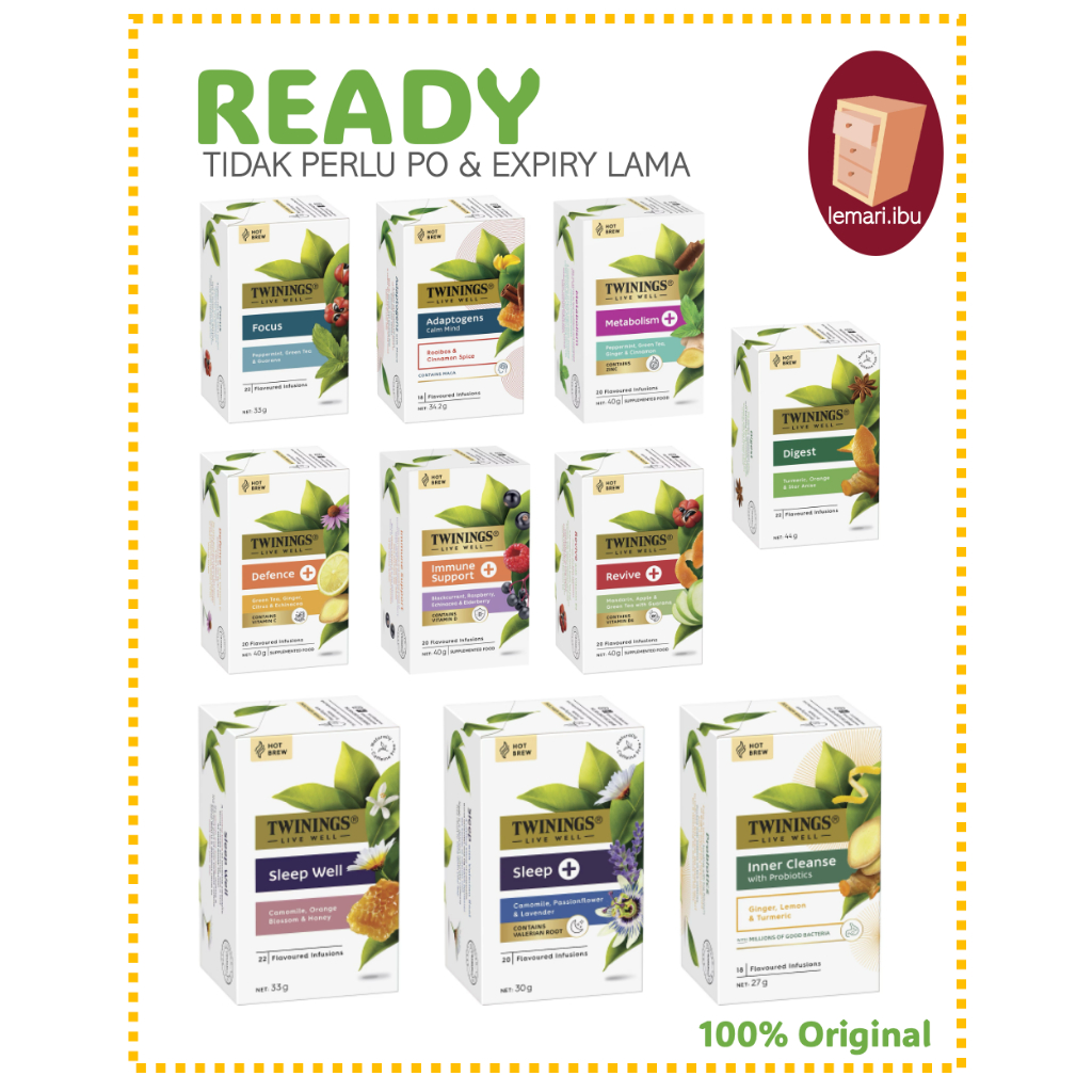 

Twinings Live Well 100% ORI | 1 Box/ Pack isi 18/ 20/ 22 Satchets | Teh Herbal - 100% ORIGINAL dari AUSTRALIA : Focus Adaptogen Calm Mind Metabolism Digest Defence Immune Support Revive Sleep Well Sleep+ Inner Cleance with Probiotics