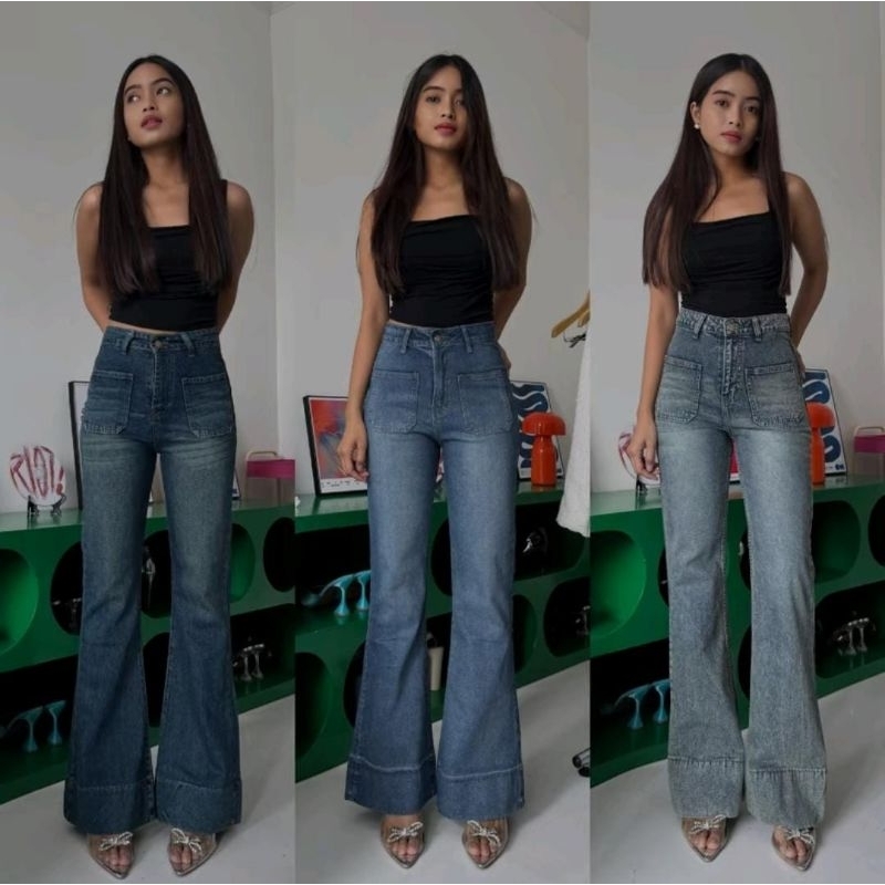 [PRELOVED] LADOUCE - Kate High Waist Cutbray Jeans Celana Flare Panjang Stretch Wanita