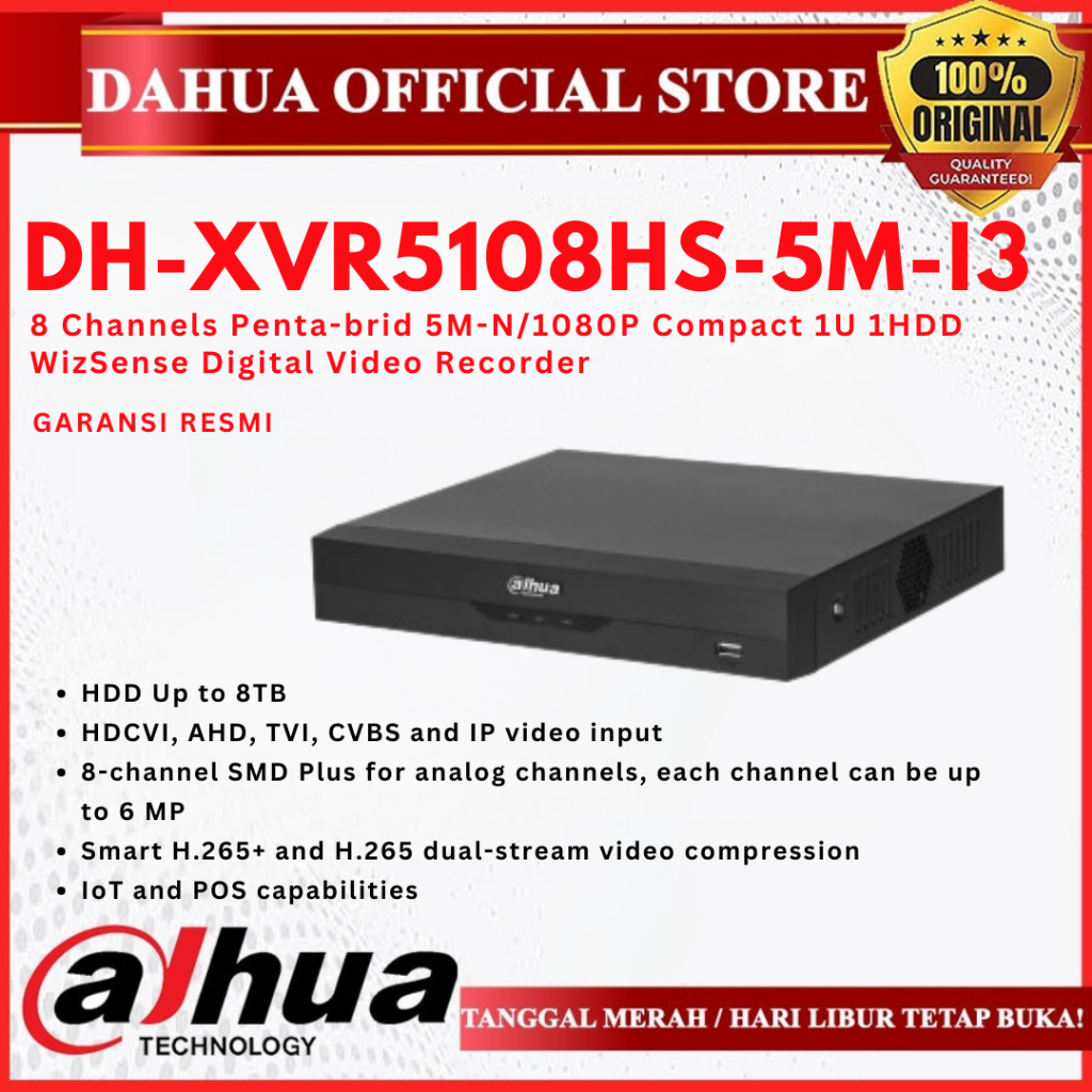 DAHUA DVR 8 Channel XVR5108HS-5M-I3 WizSense CCTV 8CH WizSense Up To 5MP