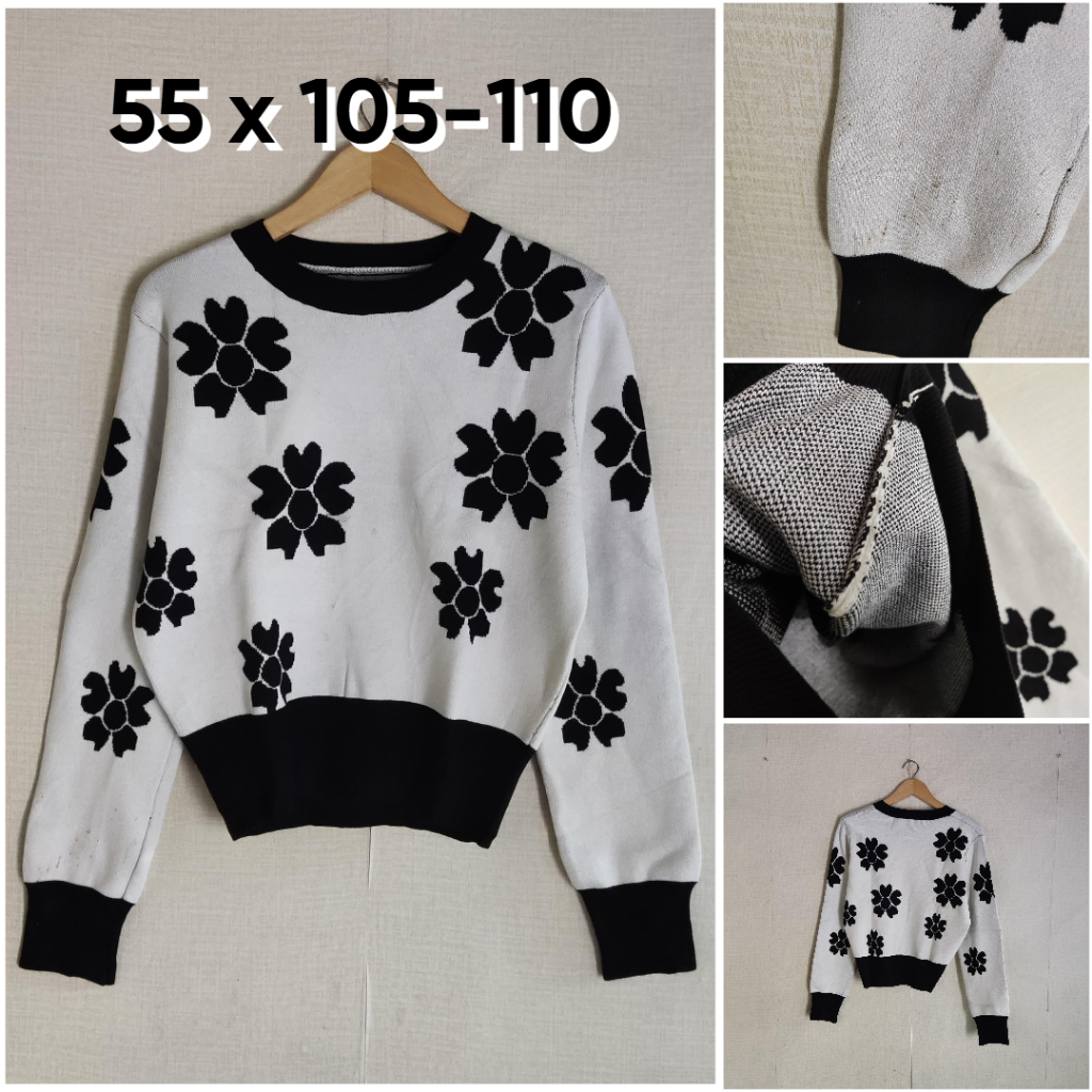 Sweater Tebal Putih Motif Bunga Size L Wanita Atasan Cewek Outer Knit Empuk ZX321