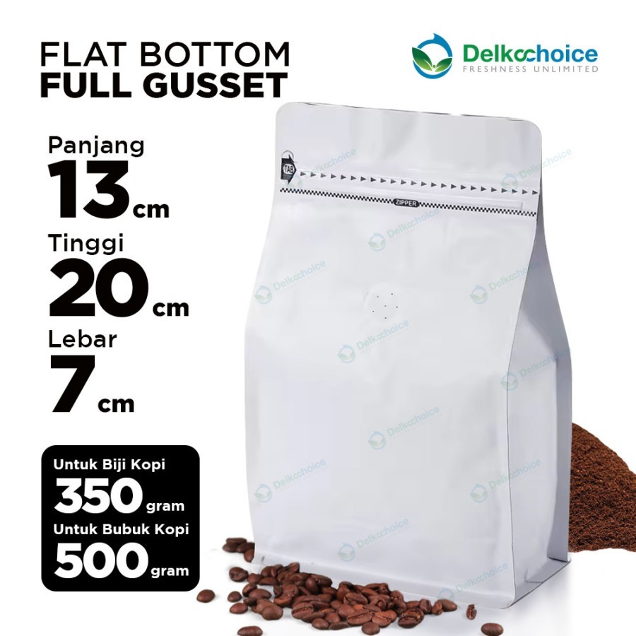 

Kemasan Kopi Standing Pouch Flat Bottom Valve Bungkus Kopi Bubuk/Biji Kopi Roasted - White