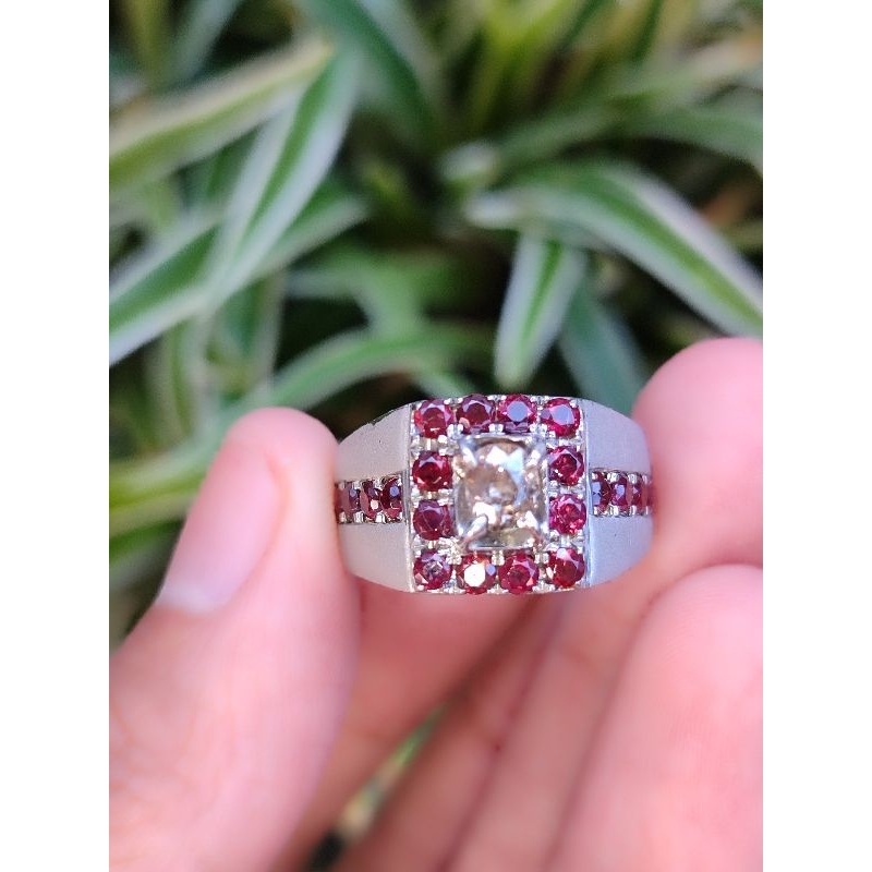 Berlian Asli Natural + Red Garnet Ring Perak