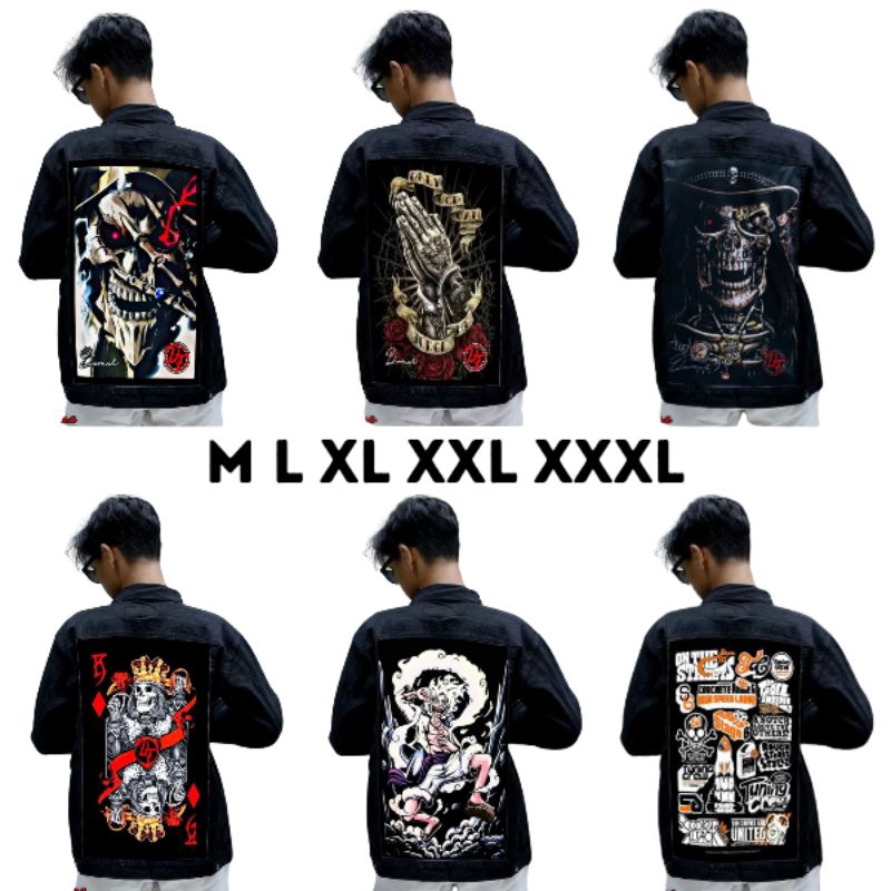 Rei Jeans - Jaket Denim Hitam Printing Gambar Belakang Bahan Tebal Jumbo M L XL XXL XXXL