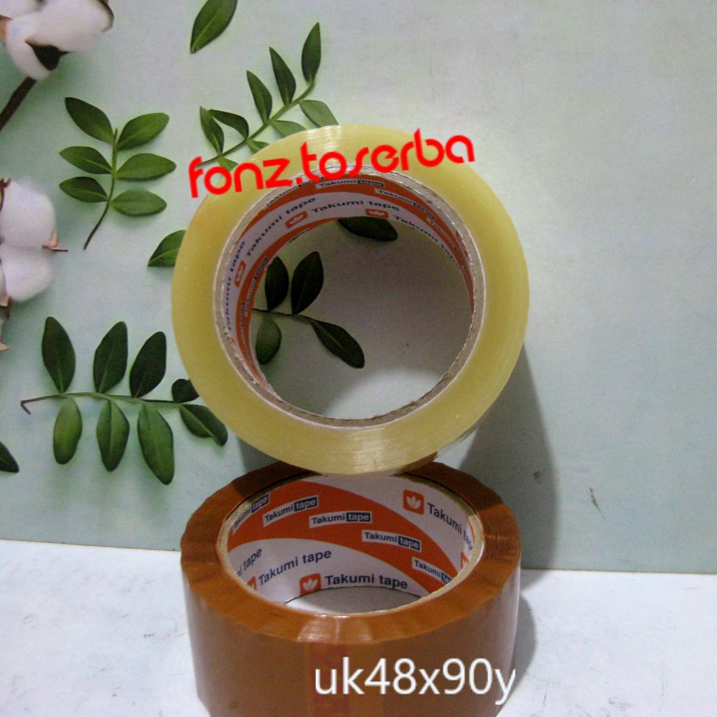 

Lakban murah grosir opp tape perekat lem Merek TAKUMI uk48x90y Bening dan Coklat kualitas dijamin bagus