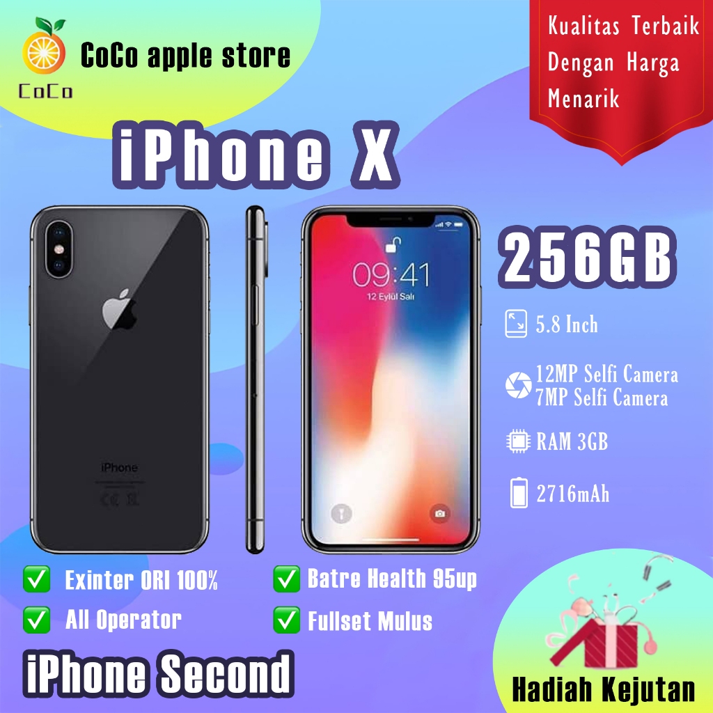 iPhone X 256 GB Second Bekas Original100% Silent-Camera Good Kondisi Fullset Mulus Normal LikeNew Hp