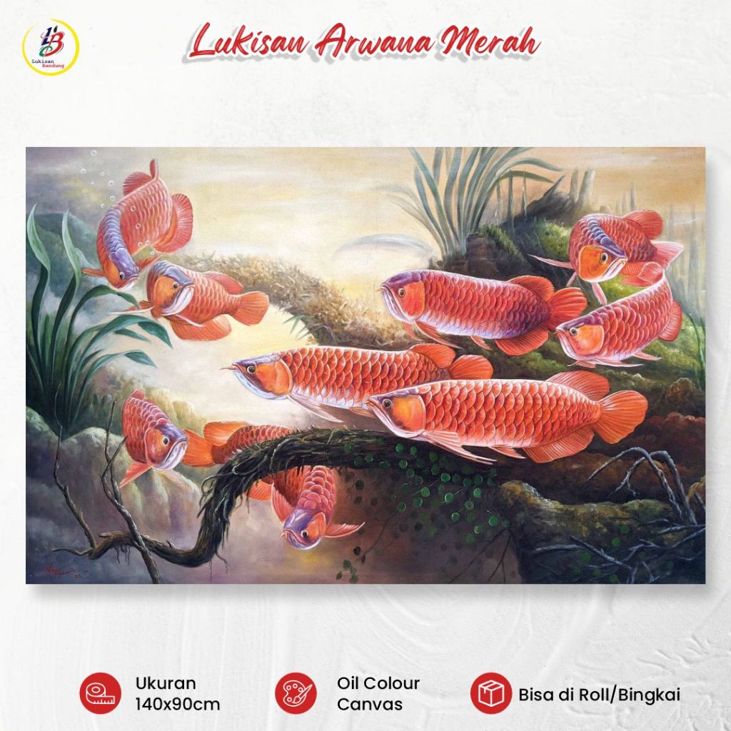 Lukisan Bandung Lukisan Ikan Arwana Merah Handmade Hoki Fengshui Lukisan Kanvas Dinding 140x90cm