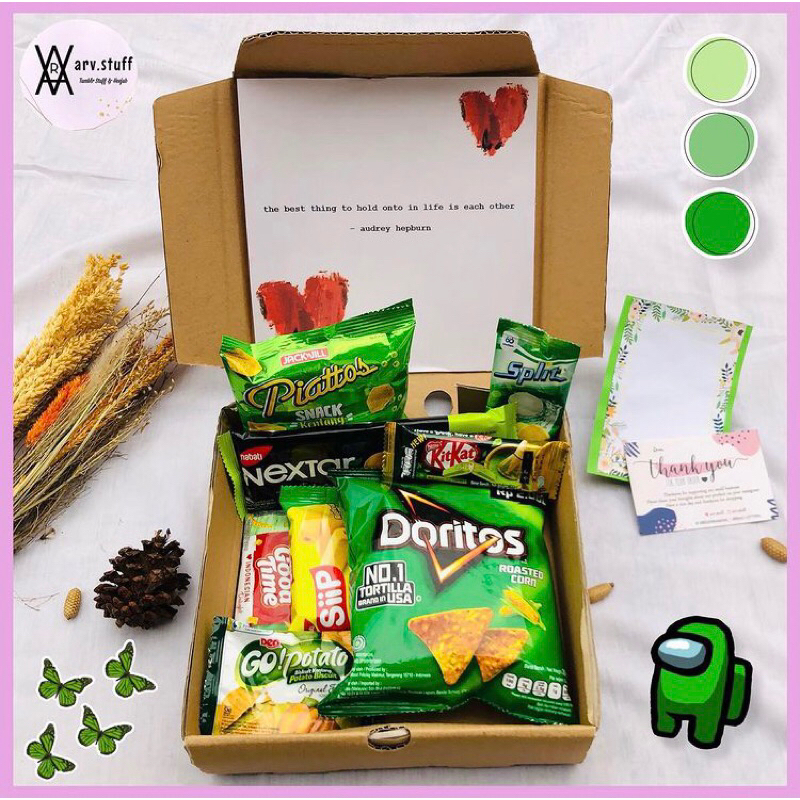 

Hampers Snack Hijau Go Green | arv.stuff gift box ide kado untuk bestie sahabat snack jajanan murah bestseller viral acara ultah wisuda anniversary graduation wedding lamaran sempro birthday