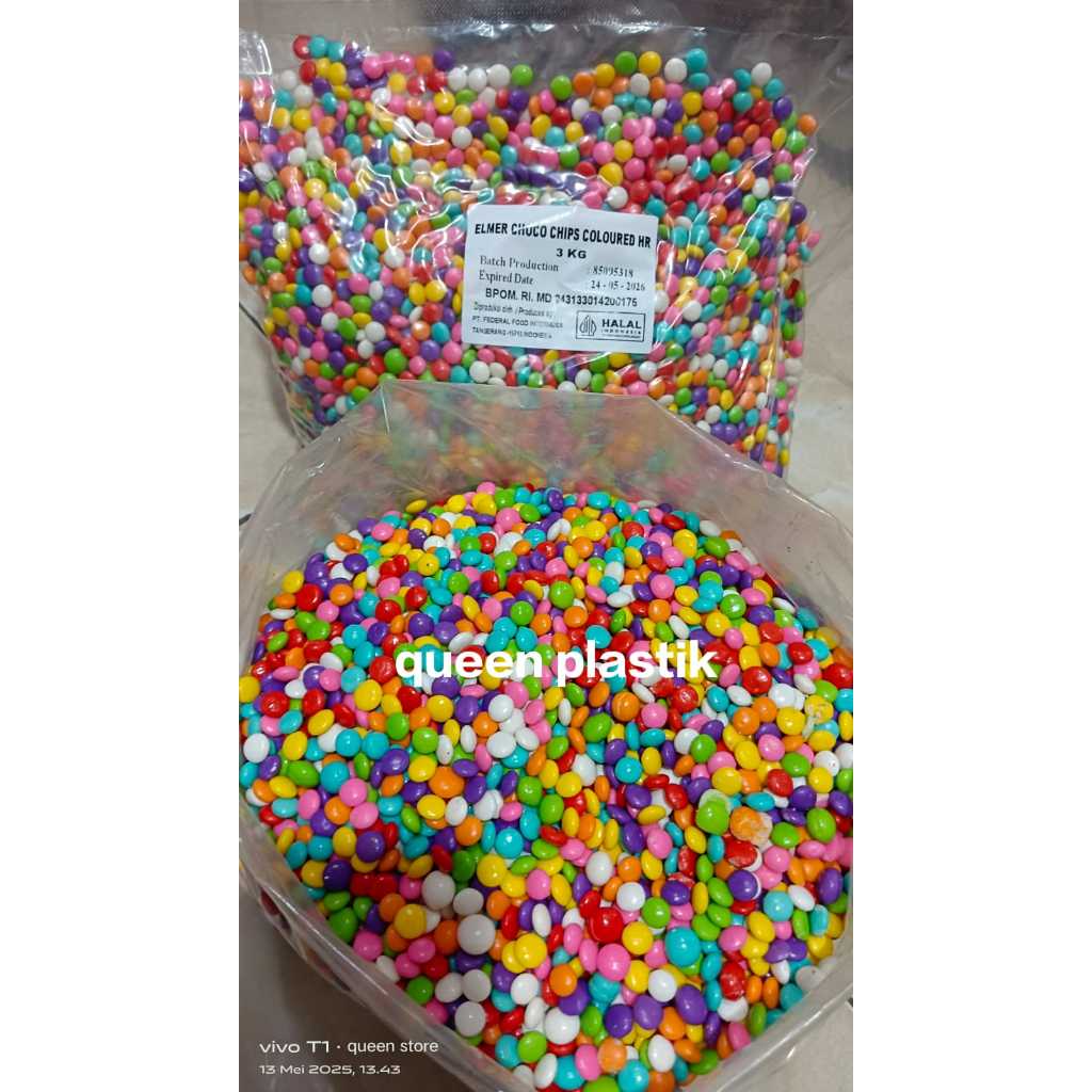 

Choco chip chocochips ELMER waena warni rainbow setengah bulat repack 250 gr 1 kg