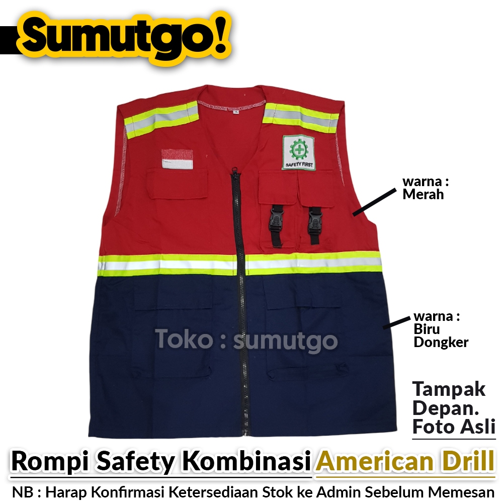 Rompi Safety Proyek HSE bahan American Drill Kombinasi Warna Merah & Biru Dongker dengan Bordir Logo