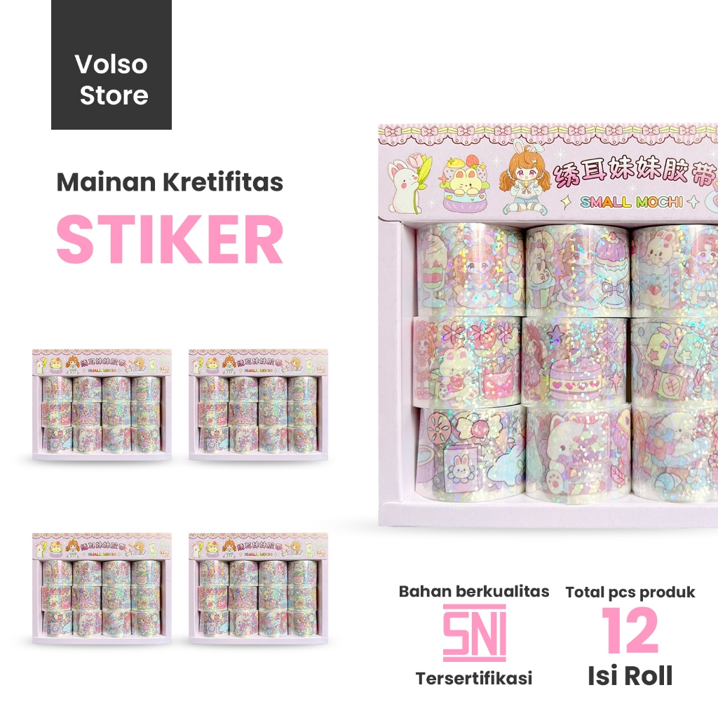 

Stiker Roll Glitter Lucu Small Mochi – 12 Roll Stiker Karakter Imut Warna Pastel Mengkilap