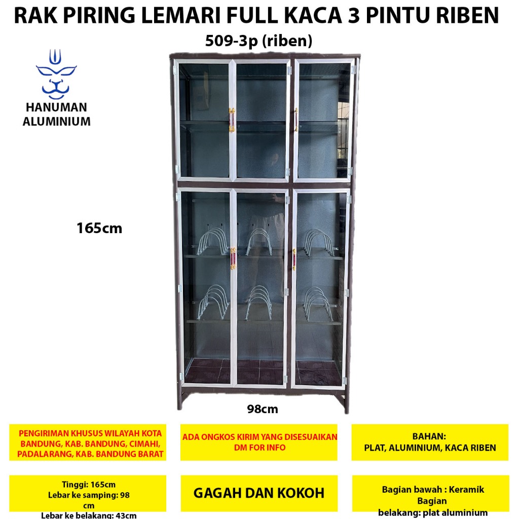 HANUMAN ALUMINIUM Rak Piring Lemari Full Kaca Riben 3 Pintu