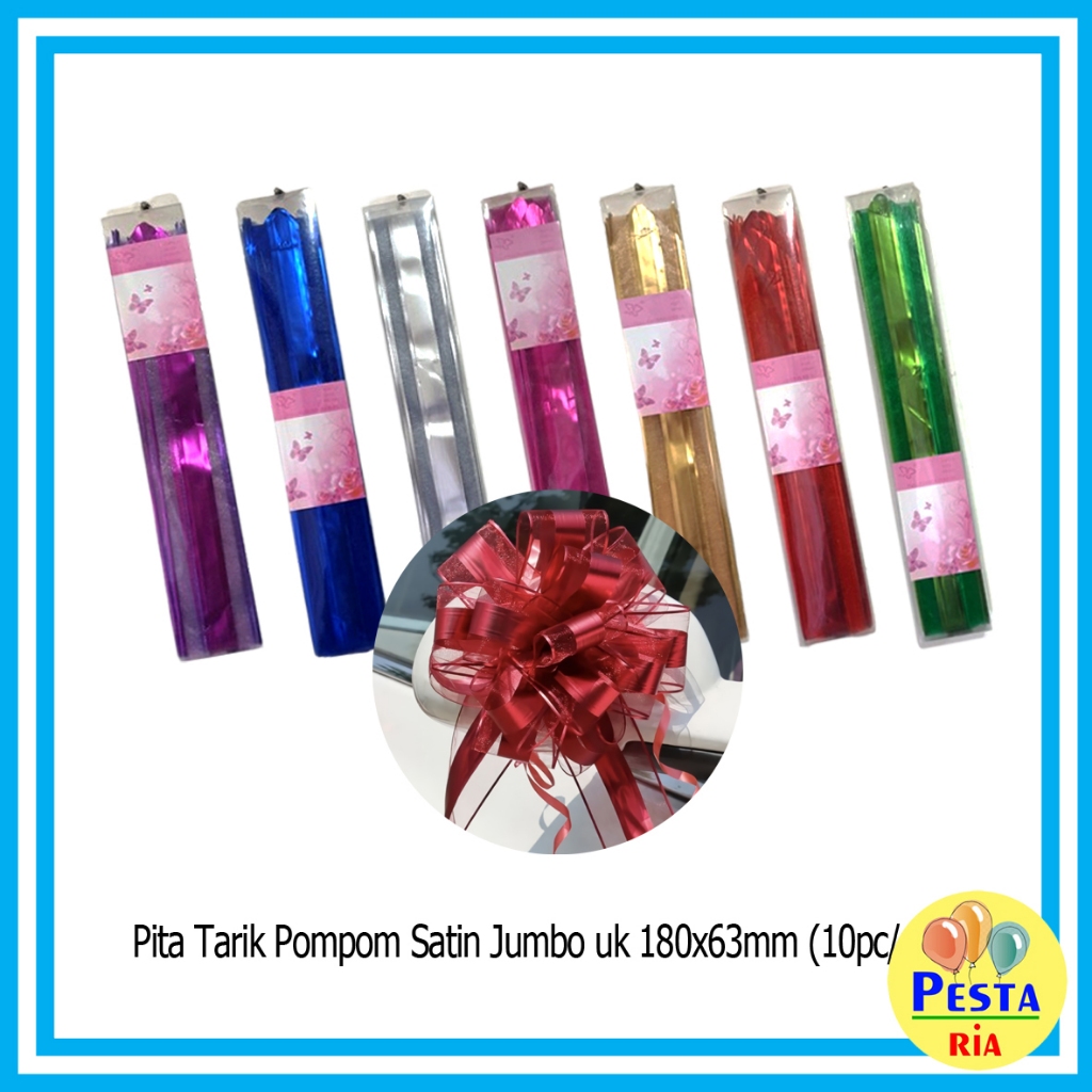 

Murah!! (1Pcs) Pita Tarik Pompom Satin Jumbo Uk 63cm, pita tarik jumbo, pita souvenir, pita serut