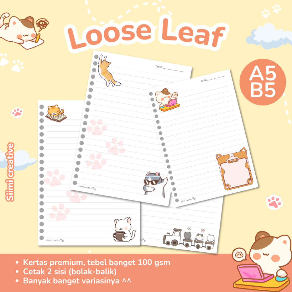 

LOOSE LEAF A5/B5 KERTAS BINDER - DESAIN KUCING LUCU Notebook