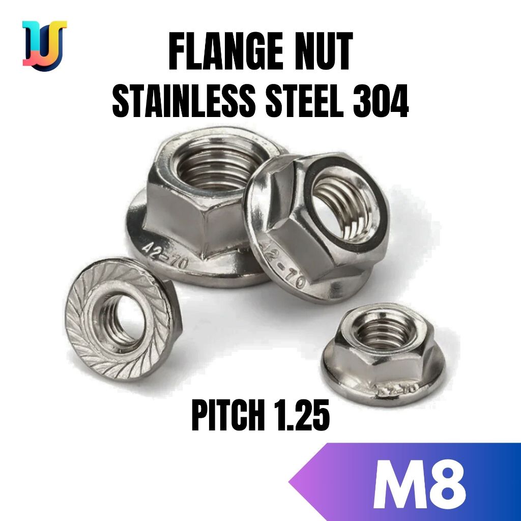 Mur Flange M8 SS304 / Mur Flange Stainless M8 / Flange Nut M8x1.25 / Flange Nut M8 x 1.25 Stainless 