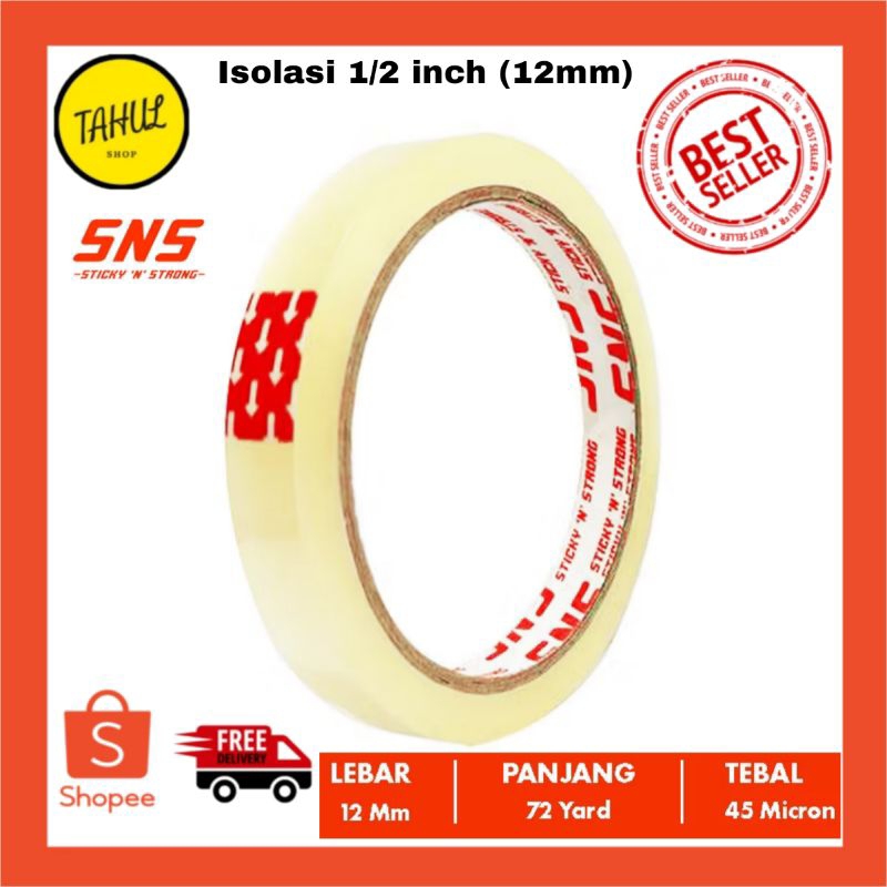 

Isolasi / Solatip Bening 12 mm x 72 Yard x 45 Mic Sticky N Strong (SNS) Sinar Lakban