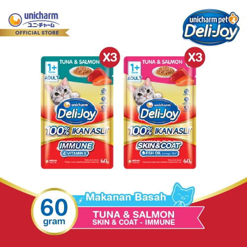 [Product Exclusive] Deli-Joy Makanan Kucing Basah Pouch Adult Tuna & Salmon 60g - 3 Immune (Vitamin 