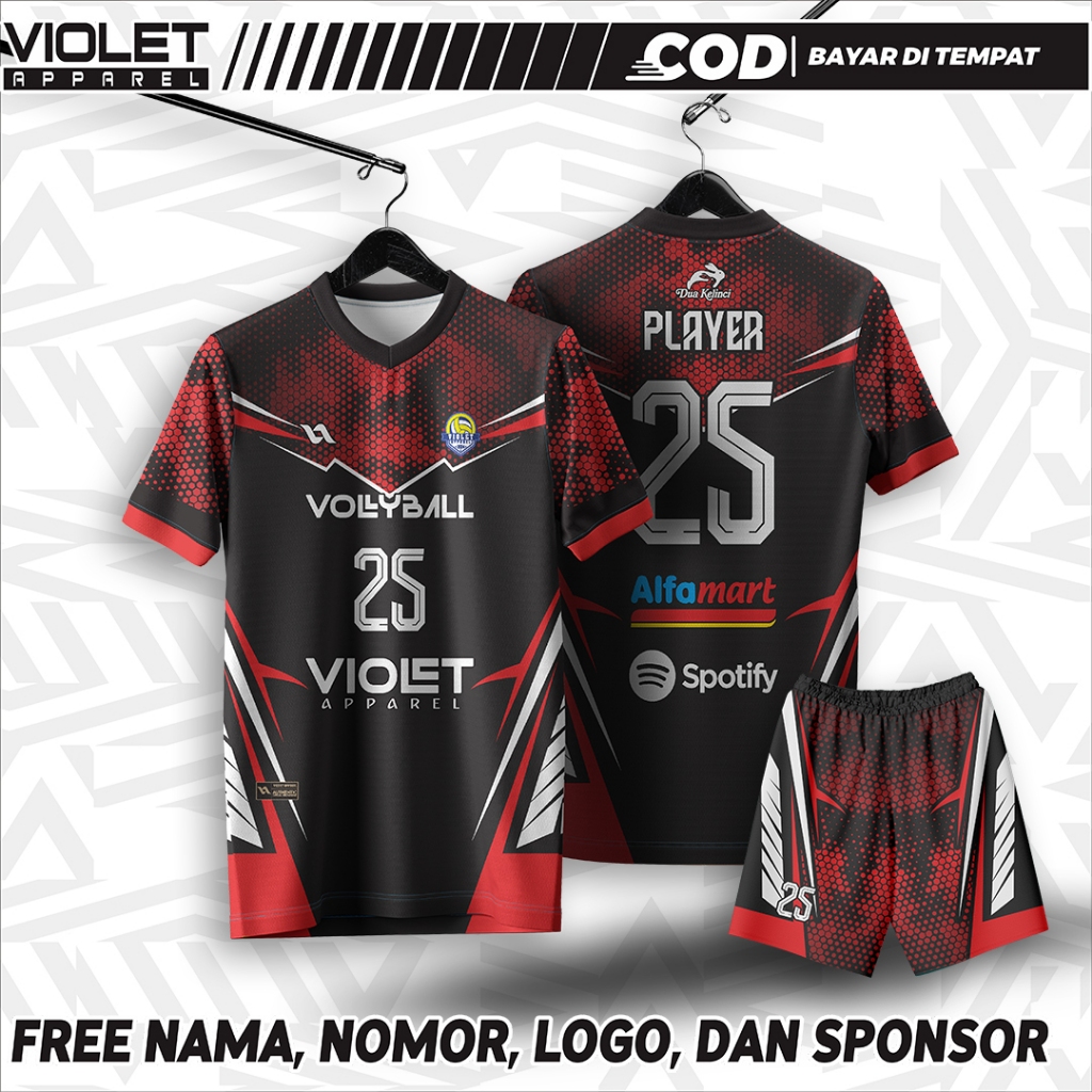 JERSEY VOLI CUSTOM SATUAN COWOK CEWEK BAJU VOLLY GRATIS NAMA NOMOR LOGO FULL PRINTING HITAM MERAH