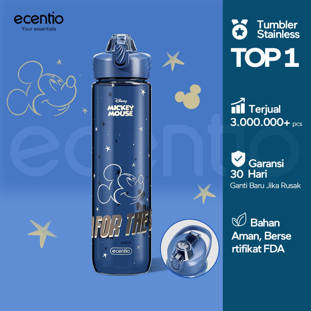 【Original】ecentio botol minum Disney Micky dengan sedotan 1000ml Portable Botol air Anak Sport 1 Lit